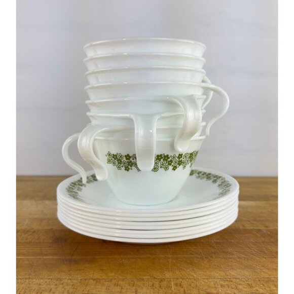 Vintage Corelle Spring Blossom/Crazy Daisy Cups & Saucers Set Of 8 Green Floral - Picture 2 of 12
